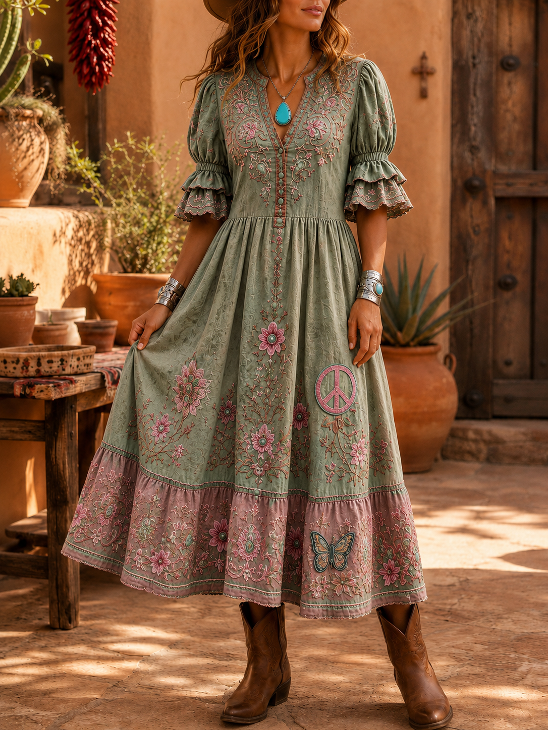 Women's Retro Art Print Washed Cotton Lace Patchwork Midi Dress